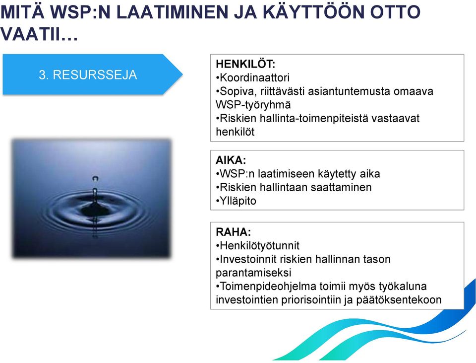 hallinta-toimenpiteistä vastaavat henkilöt AIKA: WSP:n laatimiseen käytetty aika Riskien hallintaan