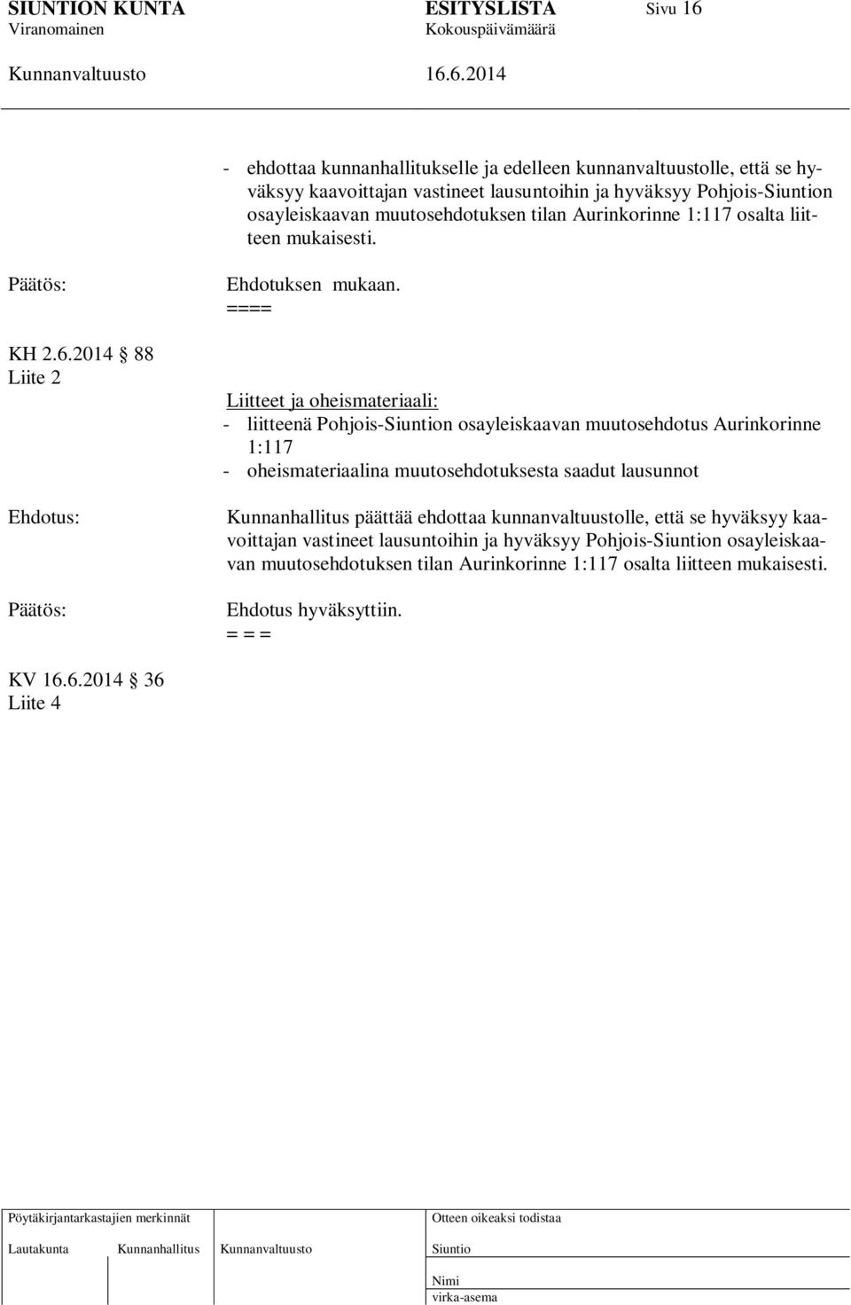 ==== Liitteet ja oheismateriaali: - liitteenä Pohjois-n osayleiskaavan muutosehdotus Aurinkorinne 1:117 - oheismateriaalina muutosehdotuksesta saadut lausunnot Kunnanhallitus