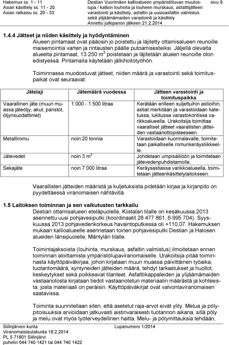 Toiminnassa muodostuvat jätteet, niiden määrä ja varastointi sekä toimituspaikat ovat seuraavat: Jätelaji Jätemäärä vuodessa Jätteen varastointi ja toimituspaikka 1 000-1 500 litraa Kerätään erilleen