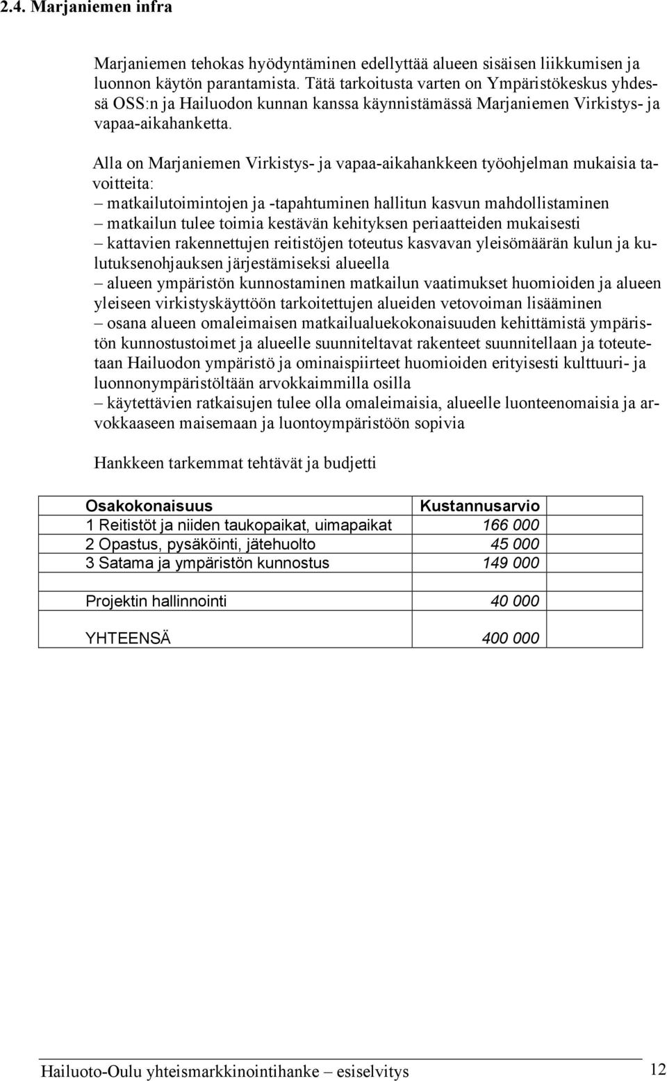 Alla on Marjaniemen Virkistys- ja vapaa-aikahankkeen työohjelman mukaisia tavoitteita: matkailutoimintojen ja -tapahtuminen hallitun kasvun mahdollistaminen matkailun tulee toimia kestävän kehityksen