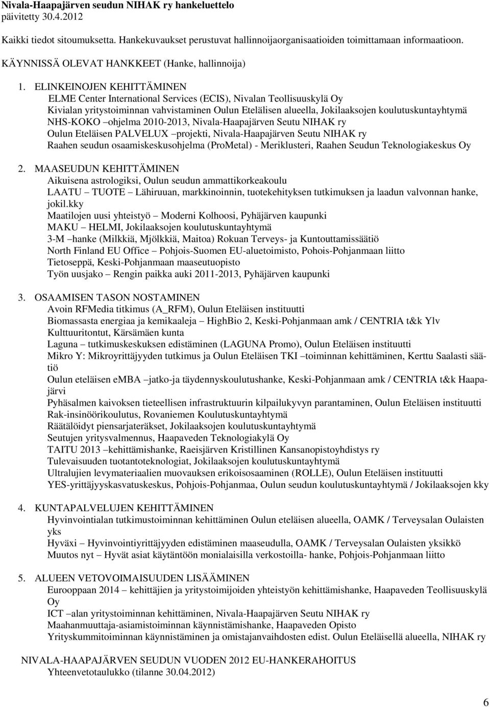 ELINKEINOJEN KEHITTÄMINEN ELME Center Internatinal Services (ECIS), Nivalan Tellisuuskylä Oy Kivialan yritystiminnan vahvistaminen Oulun Etelälisen alueella, Jkilaaksjen kulutuskuntayhtymä NHS-KOKO