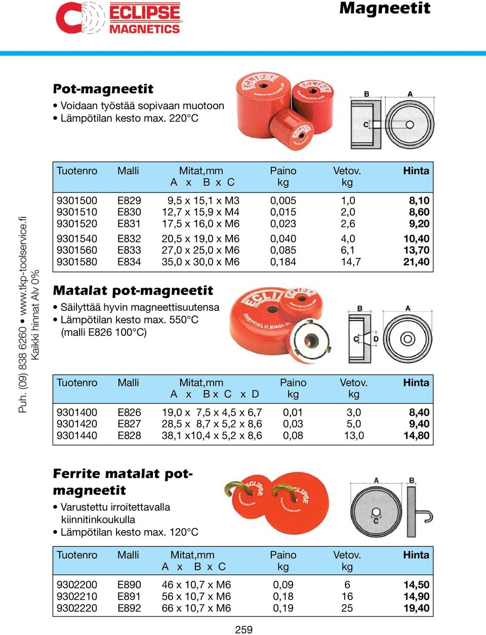 10,40 9301560 E833 27,0 x 25,0 x M6 0,085 6,1 13,70 9301580 E834 35,0 x 30,0 x M6 0,184 14,7 21,40 Matalat pot-magneetit Säilyttää hyvin magneettisuutensa Lämpötilan kesto max.