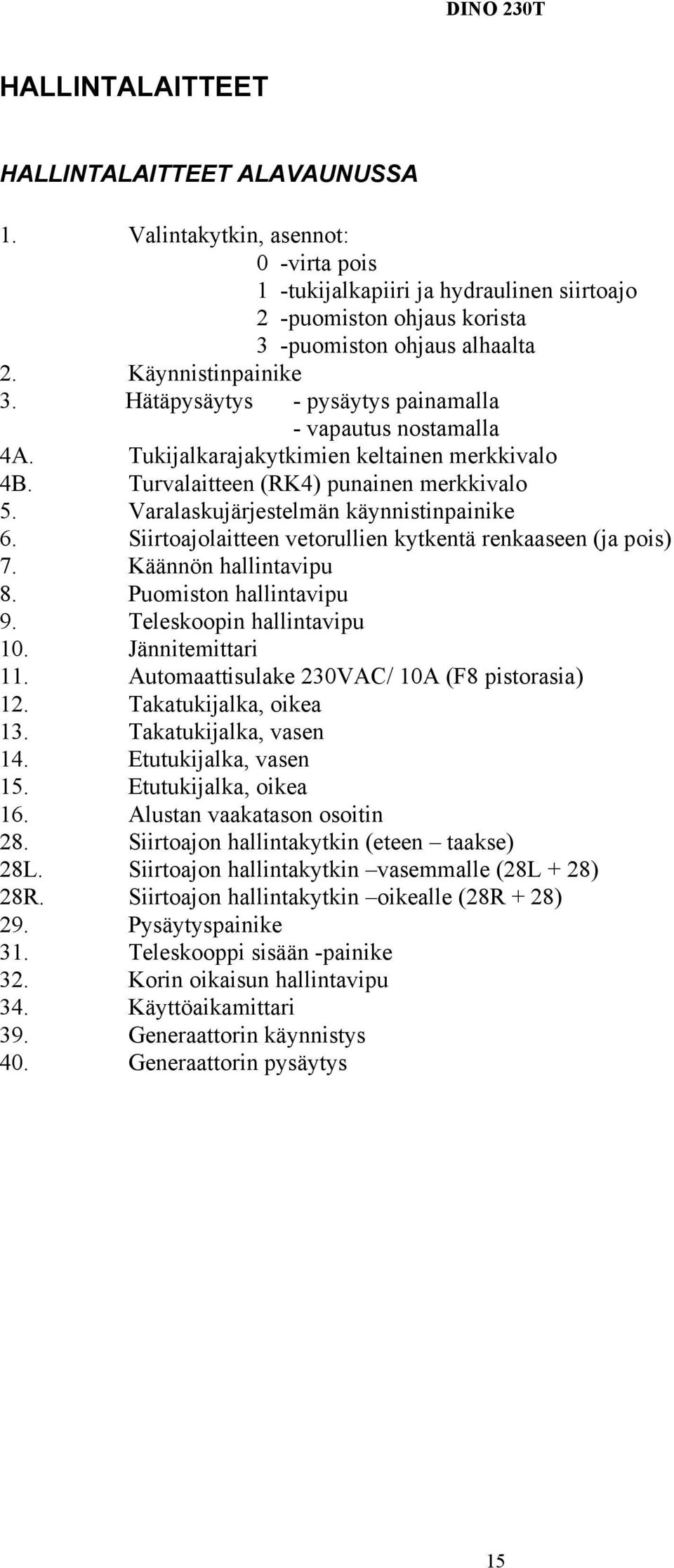 Varalaskujärjestelmän käynnistinpainike 6. Siirtoajolaitteen vetorullien kytkentä renkaaseen (ja pois) 7. Käännön hallintavipu 8. Puomiston hallintavipu 9. Teleskoopin hallintavipu 10.