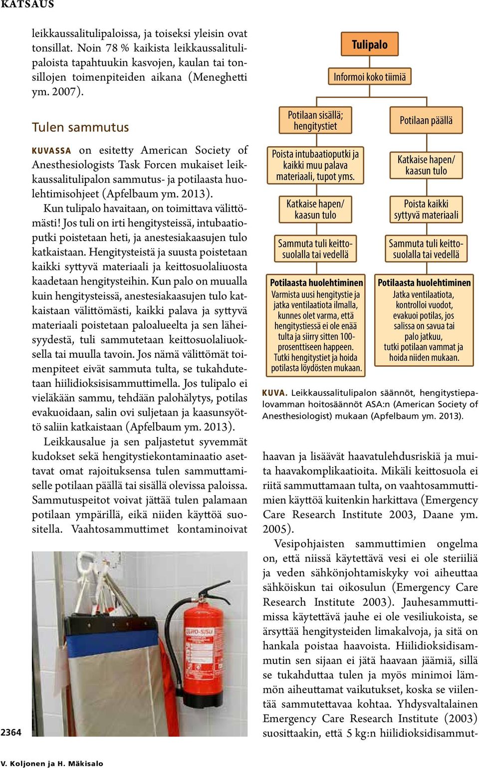 Tulen sammutus KUVASSA on esitetty American Society of Anesthesiologists Task Forcen mukaiset leikkaussalitulipalon sammutus- ja potilaasta huolehtimisohjeet (Apfelbaum ym. 2013).