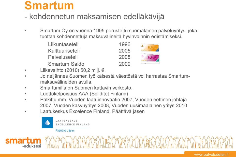 . Jo neljännes Suomen työikäisestä väestöstä voi harrastaa Smartummaksuvälineiden avulla. Smartumilla on Suomen kattavin verkosto.