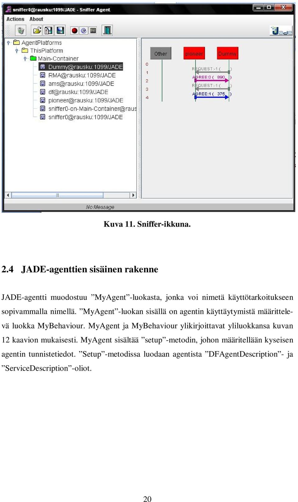 sopivammalla nimellä. MyAgent -luokan sisällä on agentin käyttäytymistä määrittelevä luokka MyBehaviour.