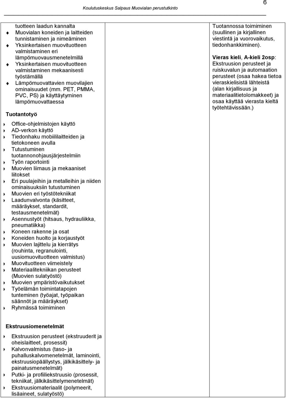 PET, PMMA, PVC, PS) ja käyttäytyminen lämpömuovattaessa Tuotantotyö Office-ohjelmistojen käyttö AD-verkon käyttö Tiedonhaku mobiililaitteiden ja tietokoneen avulla Tutustuminen