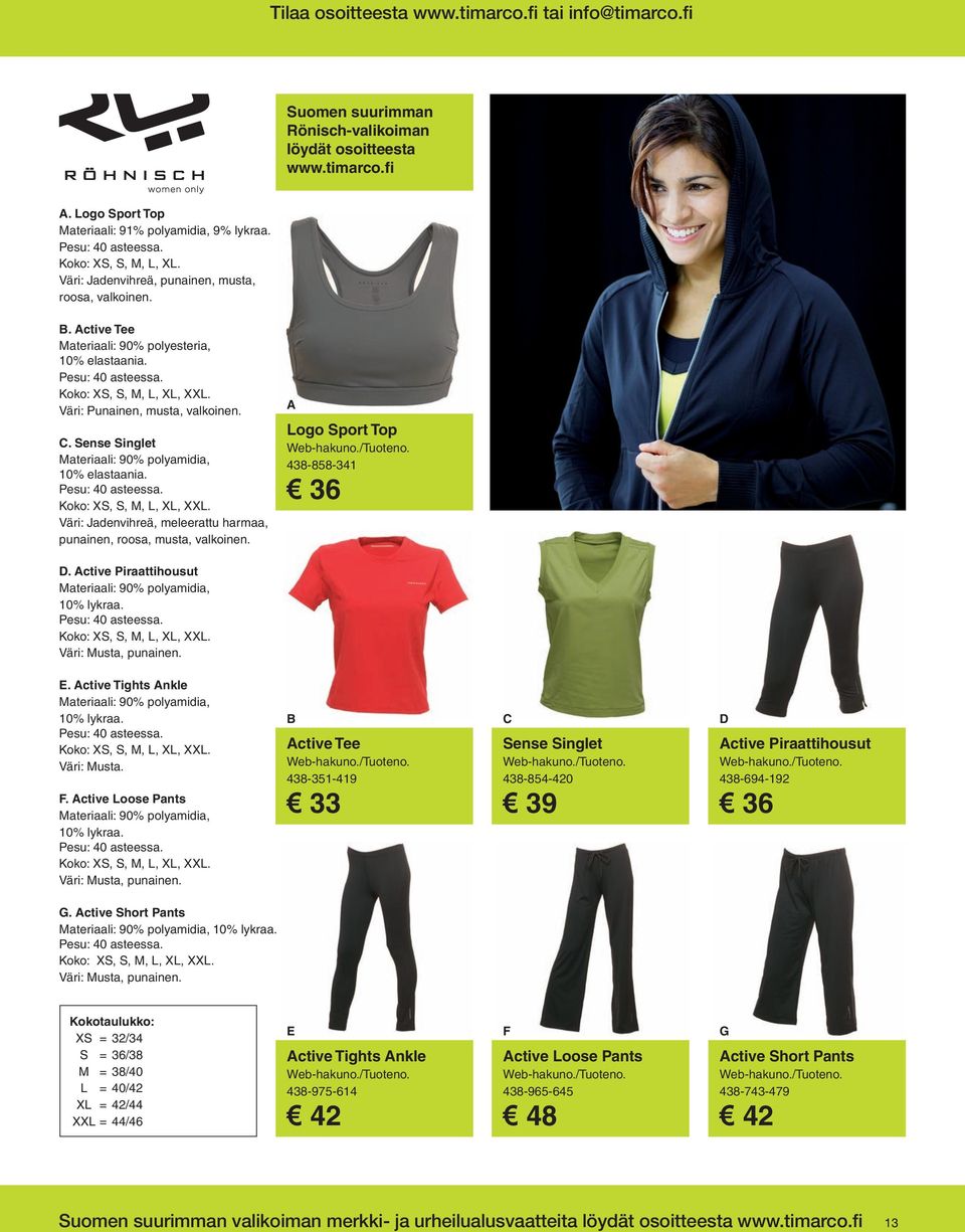 Väri: Jadenvihreä, meleerattu harmaa, punainen, roosa, musta, valkoinen. A Logo Sport Top 438-858-341 36 D. Active Piraattihousut Materiaali: 90% polyamidia, 10% lykraa. Koko: XS, S, M, L, XL, XXL.