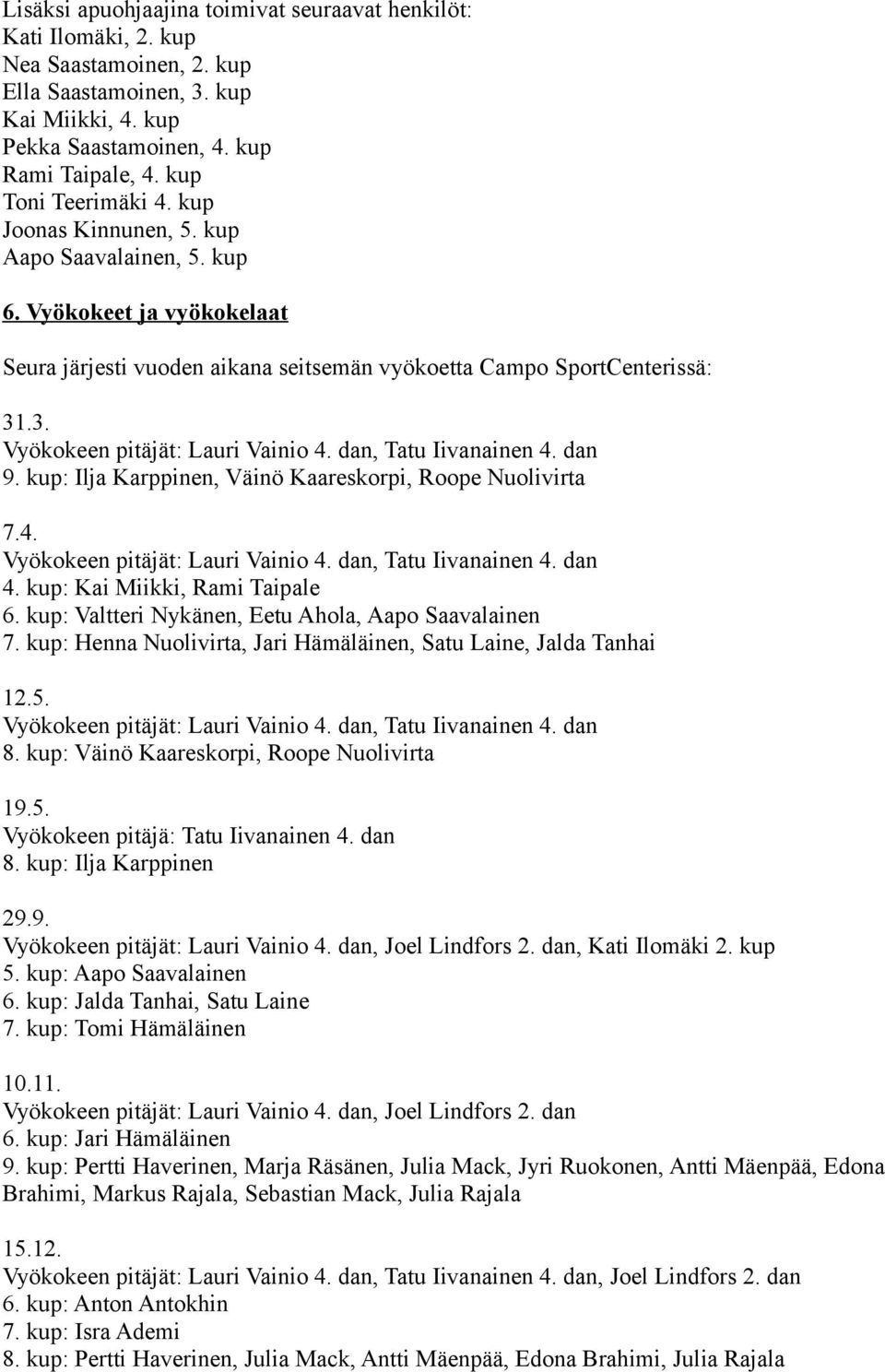 .3. Vyökokeen pitäjät: Lauri Vainio 4. dan, Tatu Iivanainen 4. dan 9. kup: Ilja Karppinen, Väinö Kaareskorpi, Roope Nuolivirta 7.4. Vyökokeen pitäjät: Lauri Vainio 4. dan, Tatu Iivanainen 4. dan 4.