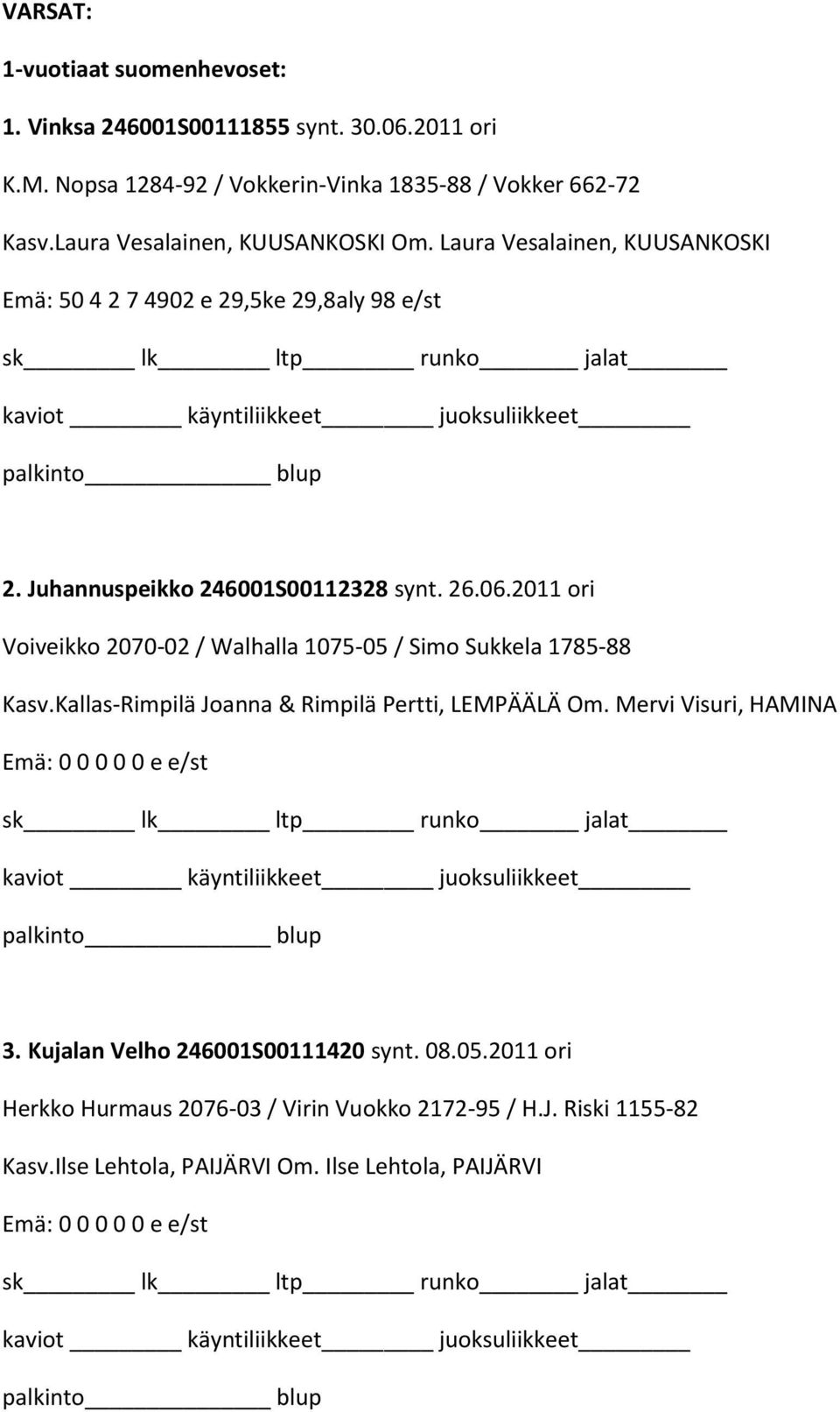 2011 ori Voiveikko 2070-02 / Walhalla 1075-05 / Simo Sukkela 1785-88 Kasv.Kallas-Rimpilä Joanna & Rimpilä Pertti, LEMPÄÄLÄ Om. Mervi Visuri, HAMINA 3.