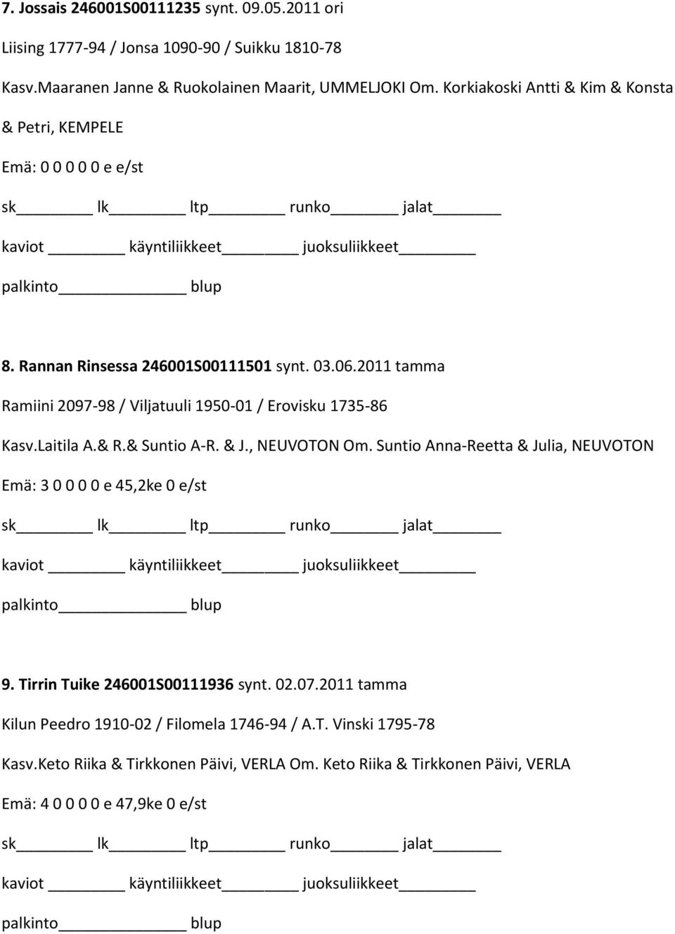 2011 tamma Ramiini 2097-98 / Viljatuuli 1950-01 / Erovisku 1735-86 Kasv.Laitila A.& R.& Suntio A-R. & J., NEUVOTON Om.
