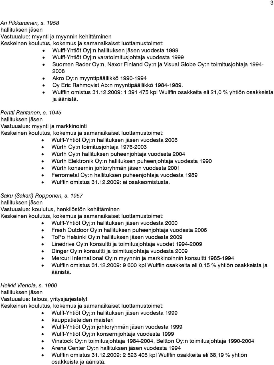 toimitusjohtaja 1994-2008 Akro Oy:n myyntipäällikkö 1990-1994 Oy Eric Rahmqvist Ab:n myyntipäällikkö 1984-1989. Wulffin omistus 31.12.