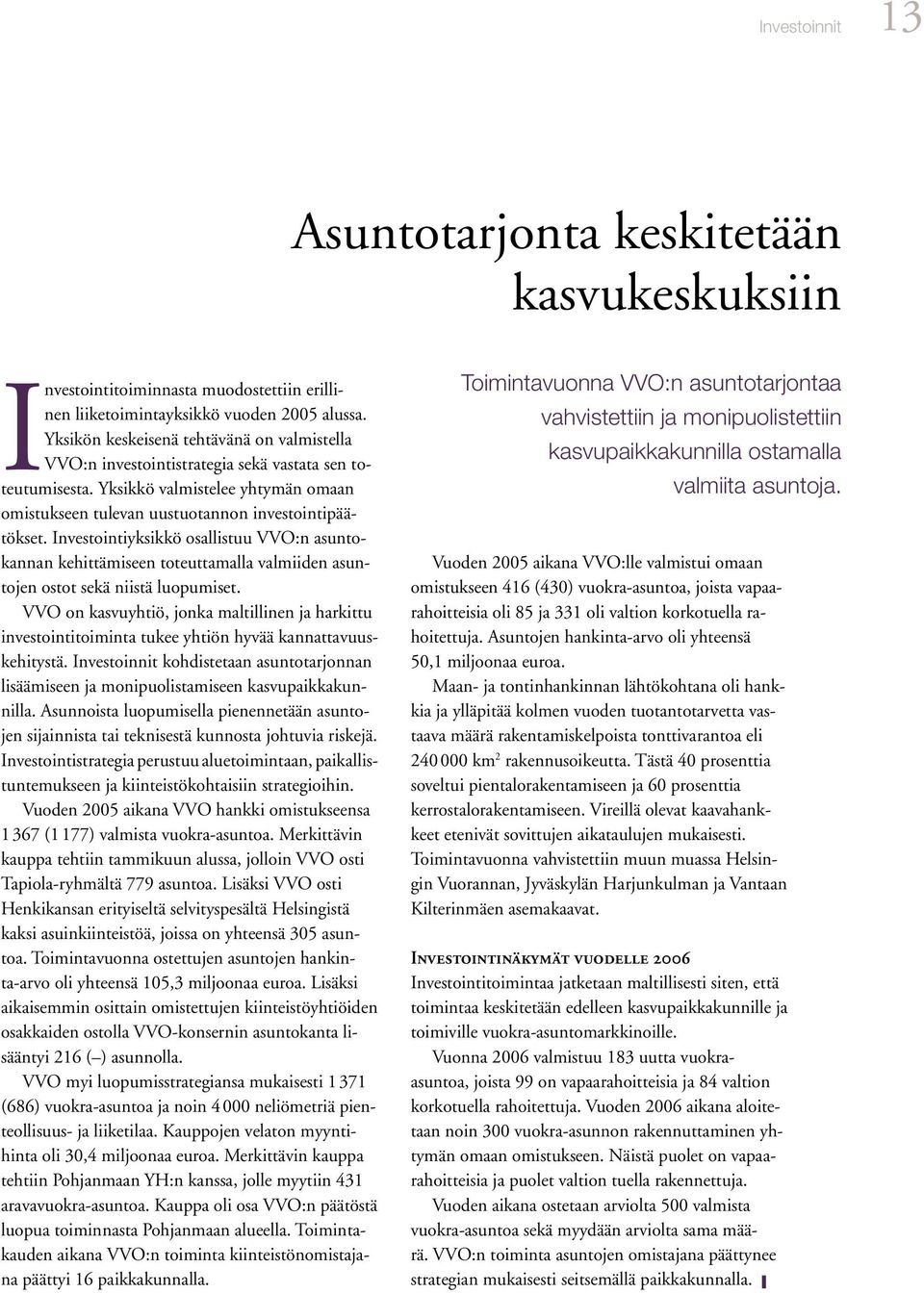 Investointiyksikkö osallistuu VVO:n asuntokannan kehittämiseen toteuttamalla valmiiden asuntojen ostot sekä niistä luopumiset.