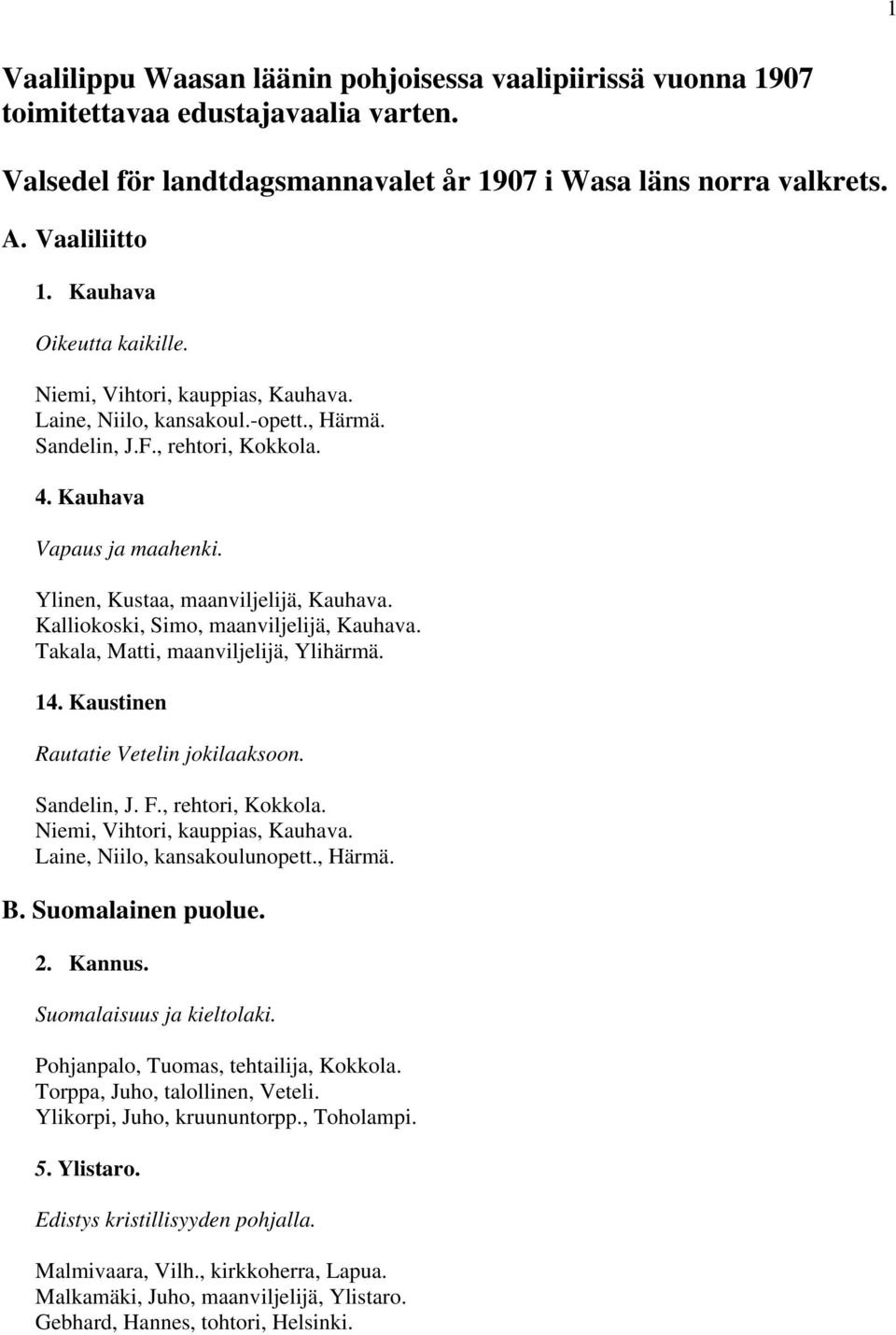 Ylinen, Kustaa, maanviljelijä, Kauhava. Kalliokoski, Simo, maanviljelijä, Kauhava. Takala, Matti, maanviljelijä, Ylihärmä. 14. Kaustinen Rautatie Vetelin jokilaaksoon. Sandelin, J. F.