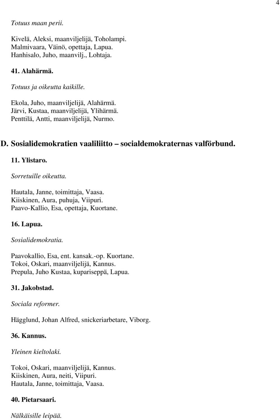 Sorretuille oikeutta. Hautala, Janne, toimittaja, Vaasa. Kiiskinen, Aura, puhuja, Viipuri. Paavo-Kallio, Esa, opettaja, Kuortane. 16. Lapua. Sosialidemokratia. Paavokallio, Esa, ent. kansak.-op.