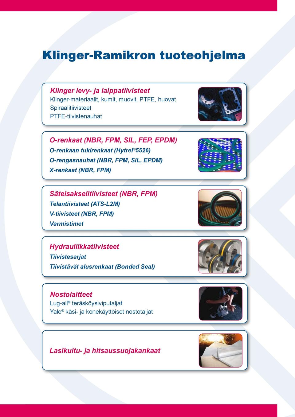 (NBR, FPM) Säteisakselitiivisteet (NBR, FPM) Telantiivisteet (ATS-L2M) V-tiivisteet (NBR, FPM) Varmistimet Hydrauliikkatiivisteet