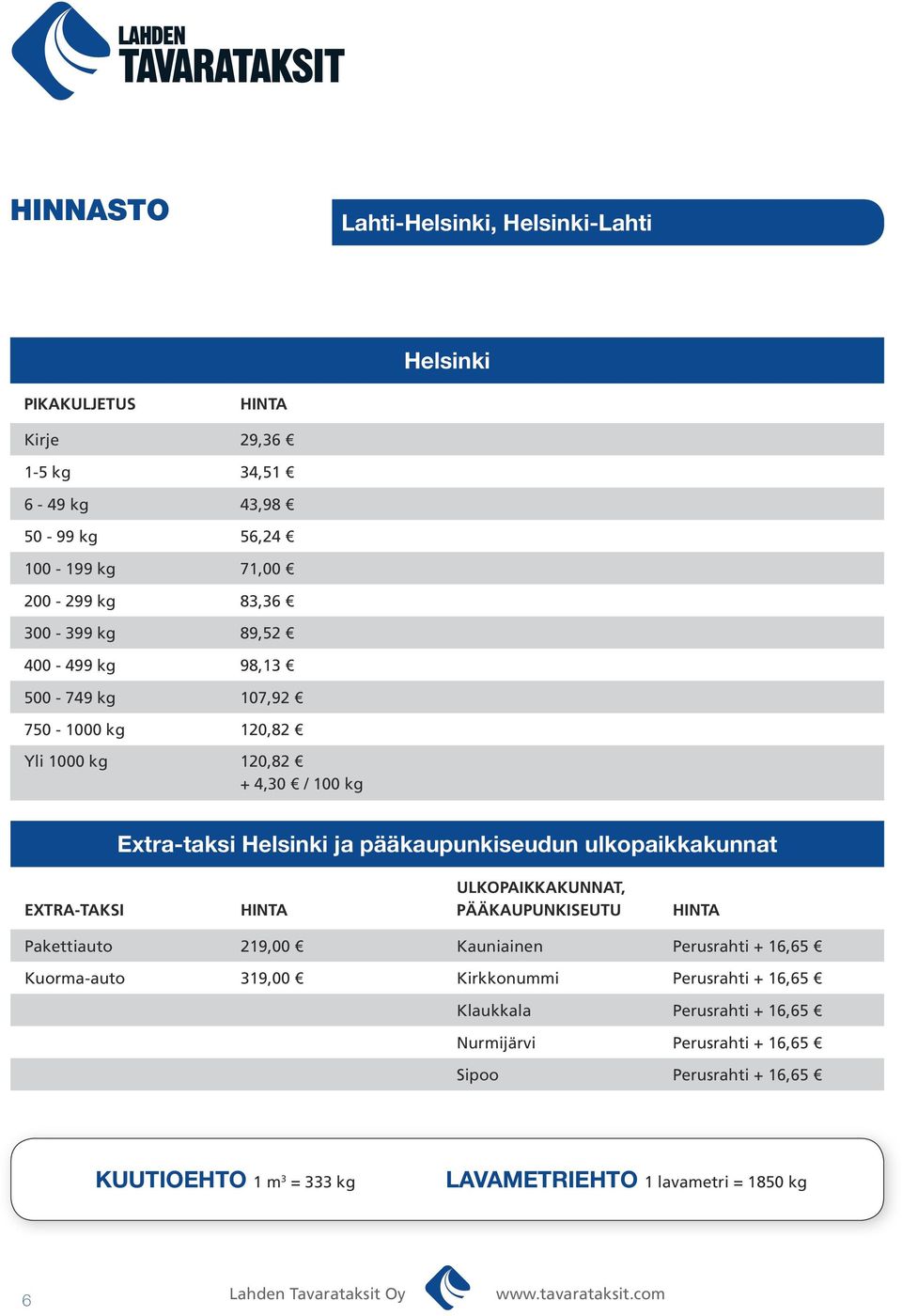 ulkopaikkakunnat EXTRA-TAKSI HINTA ULKOPAIKKAKUNNAT, PÄÄKAUPUNKISEUTU HINTA Pakettiauto 219,00 Kauniainen Perusrahti + 16,65 Kuorma-auto 319,00 Kirkkonummi