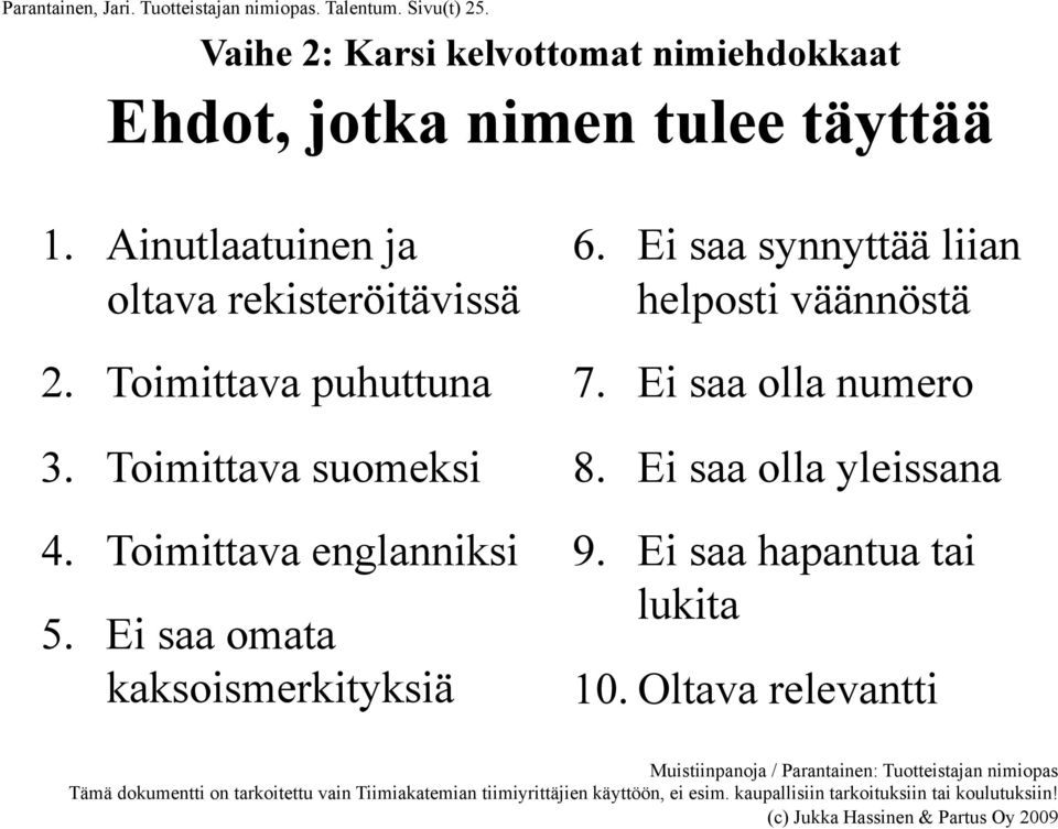 Ainutlaatuinen ja oltava rekisteröitävissä 2. Toimittava puhuttuna 3. Toimittava suomeksi 4.