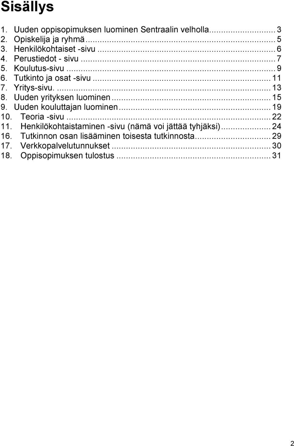.. 15 9. Uuden kouluttajan luominen... 19 10. Teoria -sivu... 22 11. Henkilökohtaistaminen -sivu (nämä voi jättää tyhjäksi).