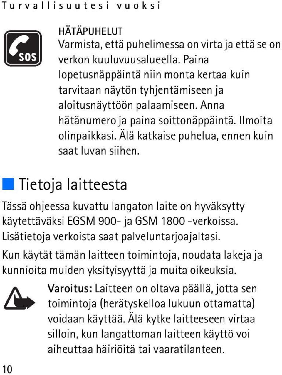 Älä katkaise puhelua, ennen kuin saat luvan siihen. Tietoja laitteesta Tässä ohjeessa kuvattu langaton laite on hyväksytty käytettäväksi EGSM 900- ja GSM 1800 -verkoissa.