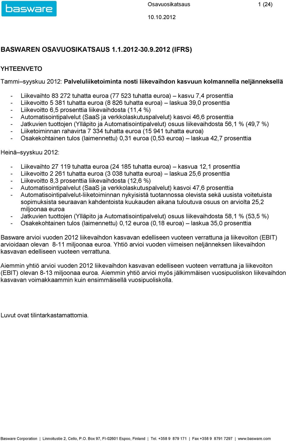 Liikevoitto 5 381 tuhatta euroa (8 826 tuhatta euroa) laskua 39,0 prosenttia - Liikevoitto 6,5 prosenttia liikevaihdosta (11,4 ) - Automatisointipalvelut (SaaS ja verkkolaskutuspalvelut) kasvoi 46,6