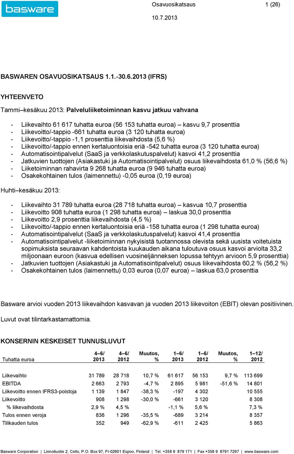 (IFRS) YHTEENVETO Tammi kesäkuu : Palveluliiketoiminnan kasvu jatkuu vahvana - Liikevaihto 61 617 tuhatta euroa (56 153 tuhatta euroa) kasvu 9,7 prosenttia - Liikevoitto/-tappio -661 tuhatta euroa (3