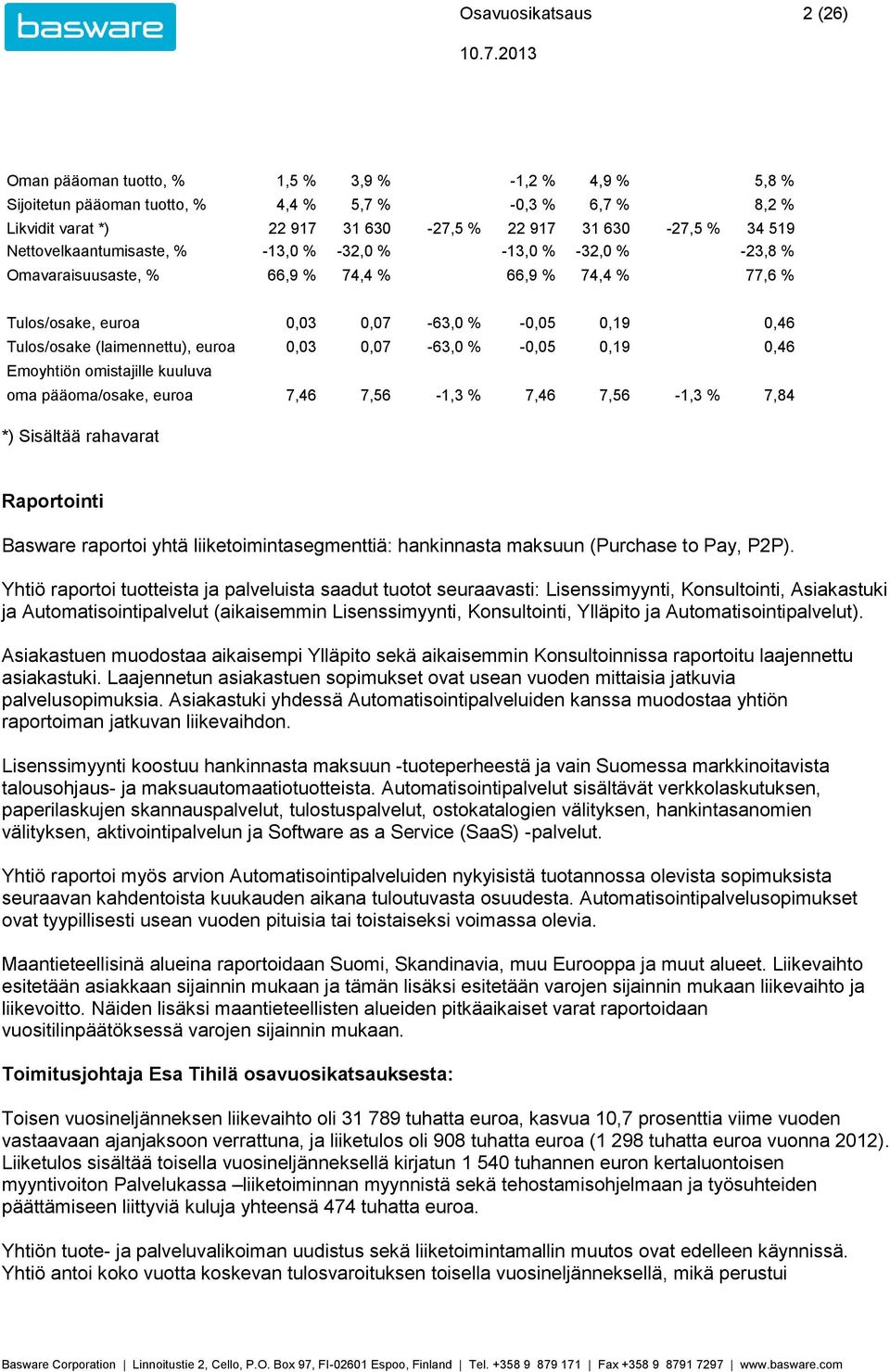 omistajille kuuluva oma pääoma/osake, euroa 7,46 7,56-1,3 7,46 7,56-1,3 7,84 *) Sisältää rahavarat Raportointi Basware raportoi yhtä liiketoimintasegmenttiä: hankinnasta maksuun (Purchase to Pay,