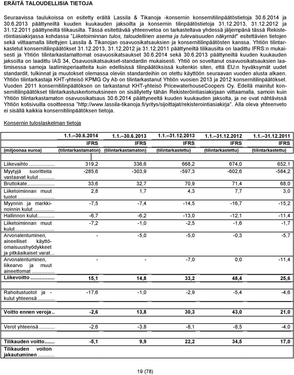 Tässä esitettävää yhteenvetoa on tarkasteltava yhdessä jäljempänä tässä Rekisteröintiasiakirjassa kohdassa Liiketoiminnan tulos, taloudellinen asema ja tulevaisuuden näkymät esitettävien tietojen