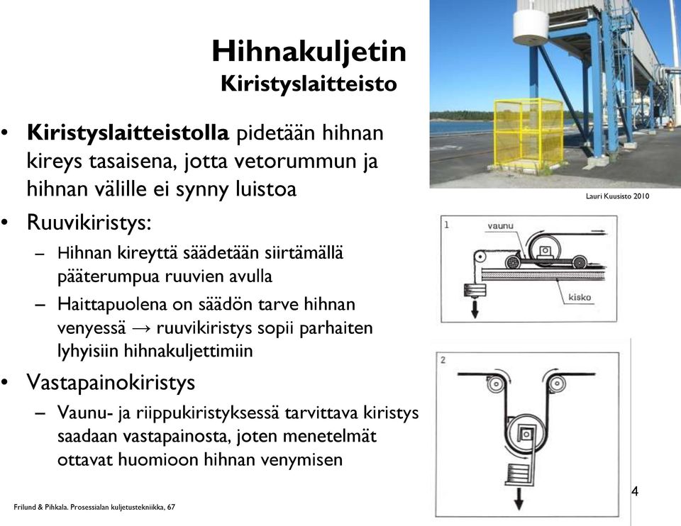 ruuvikiristys sopii parhaiten lyhyisiin hihnakuljettimiin Vastapainokiristys Vaunu- ja riippukiristyksessä tarvittava kiristys saadaan