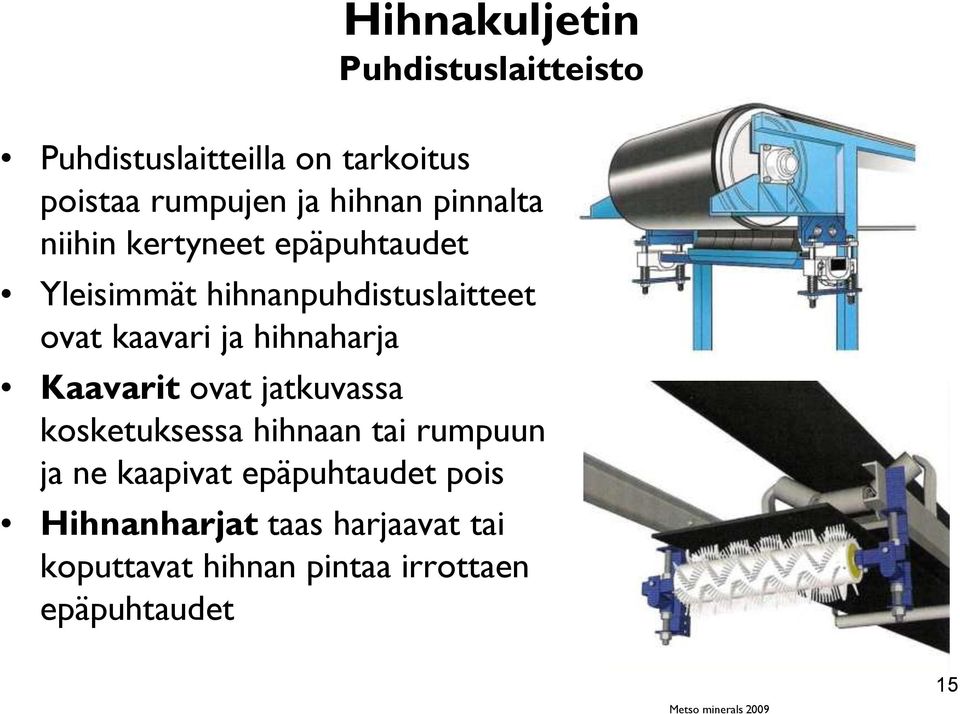 hihnaharja Kaavarit ovat jatkuvassa kosketuksessa hihnaan tai rumpuun ja ne kaapivat epäpuhtaudet