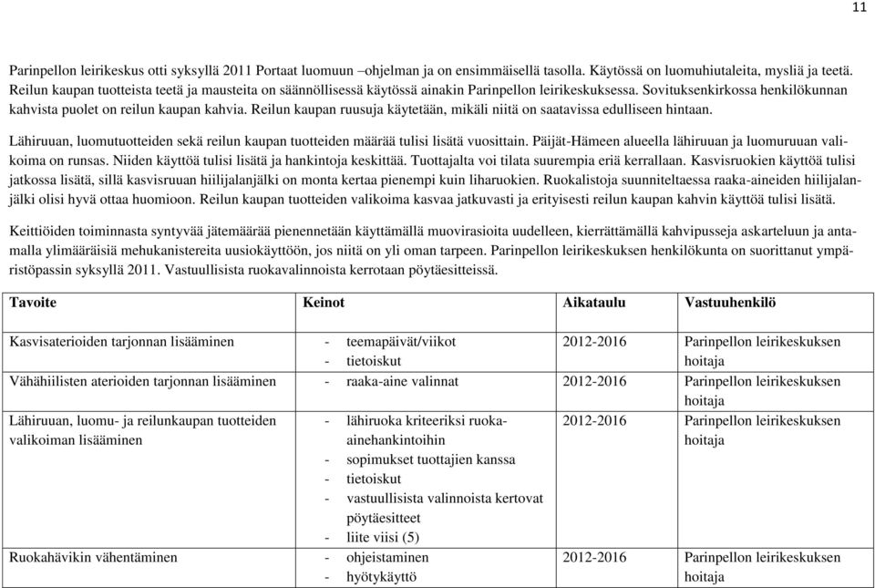 Reilun kaupan ruusuja käytetään, mikäli niitä on saatavissa edulliseen hintaan. Lähiruuan, luomutuotteiden sekä reilun kaupan tuotteiden määrää tulisi lisätä vuosittain.