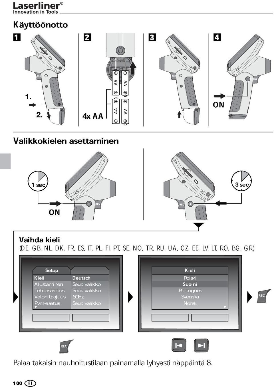 4x AA AA AA Valikkokielen asettaminen AA AA ON 1 sec ON Vaihda kieli