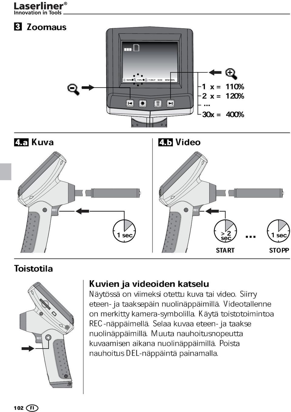 eteen- ja taaksepäin on viimeksi nuolinäppäimillä. otettu kuva tai video. Videotallenne Siirry on REC-näppäimellä.