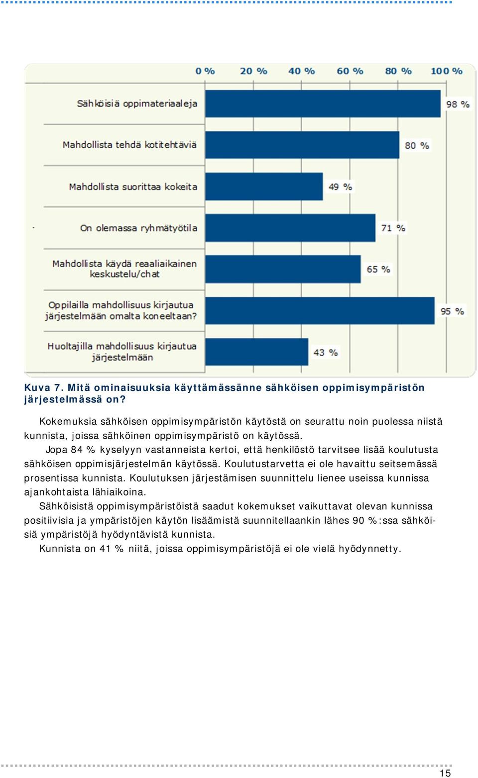 Jopa 84 % kyselyyn vastanneista kertoi, että henkilöstö tarvitsee lisää koulutusta sähköisen oppimisjärjestelmän käytössä. Koulutustarvetta ei ole havaittu seitsemässä prosentissa kunnista.