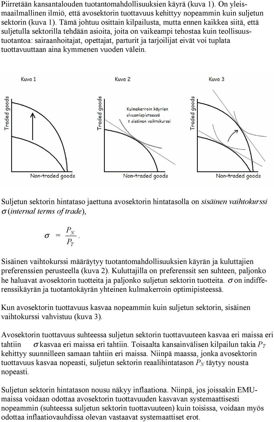 tarjoilijat eivät voi tuplata tuottavuuttaan aina kymmenen vuoden välein. Suljetun sektorin hintataso jaettuna avosektorin hintatasolla on sisäinen vaihtokurssi σ (internal terms of trade), σ P N.