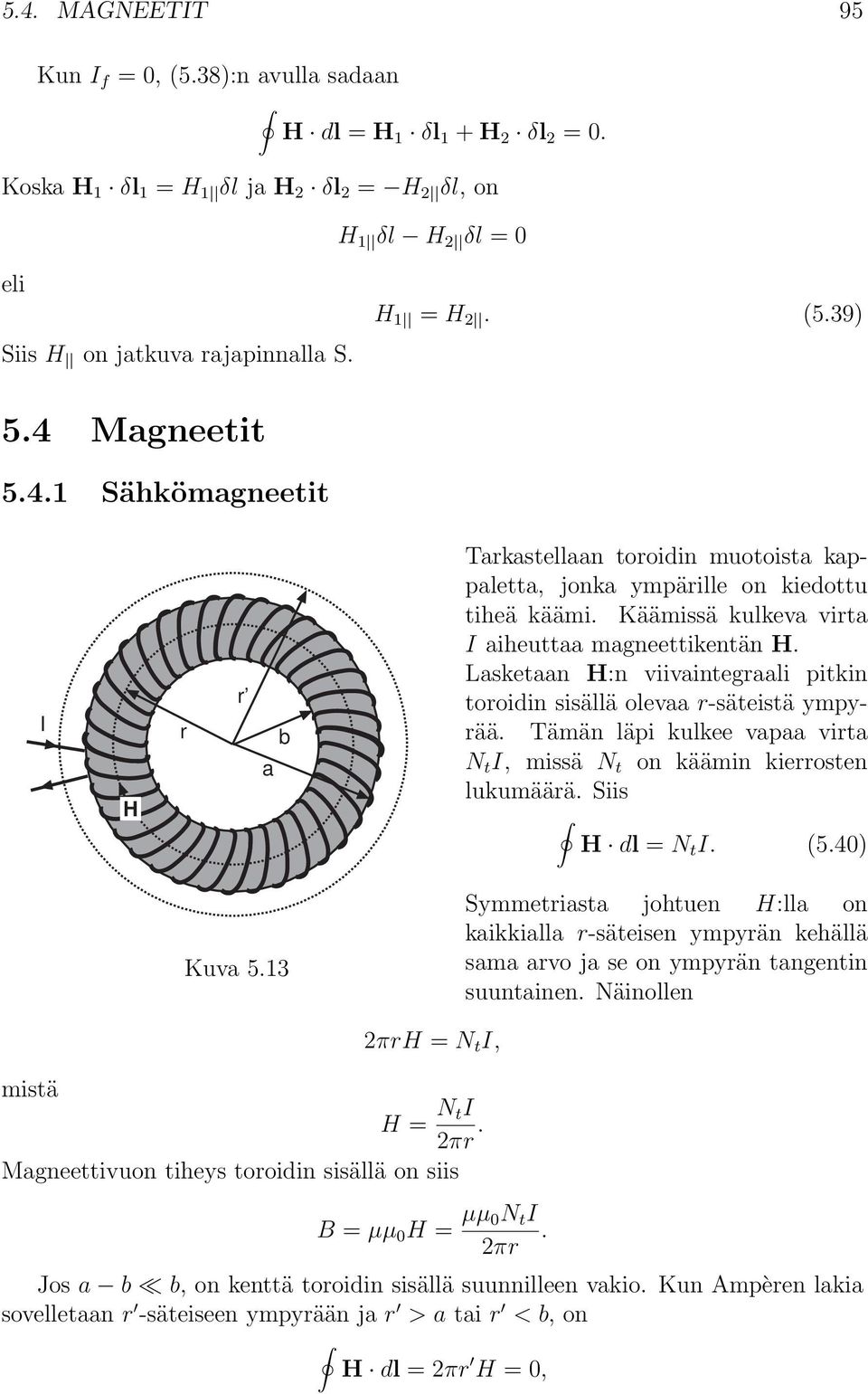 Lasketaan H:n viivaintegraali pitkin toroidin sisällä olevaa r-säteistä ympyrää. Tämän läpi kulkee vapaa virta N t I, missä N t on käämin kierrosten lukumäärä. Siis H dl = N t I. (5.40) Kuva 5.