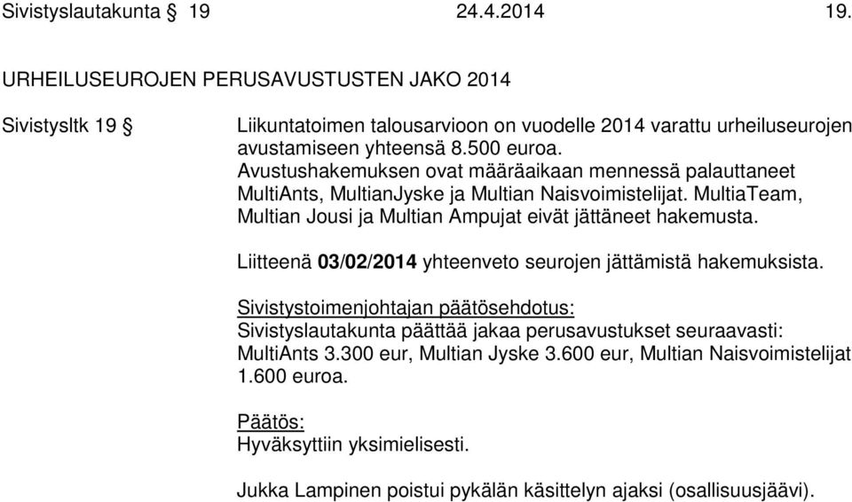 Avustushakemuksen ovat määräaikaan mennessä palauttaneet MultiAnts, MultianJyske ja Multian Naisvoimistelijat.