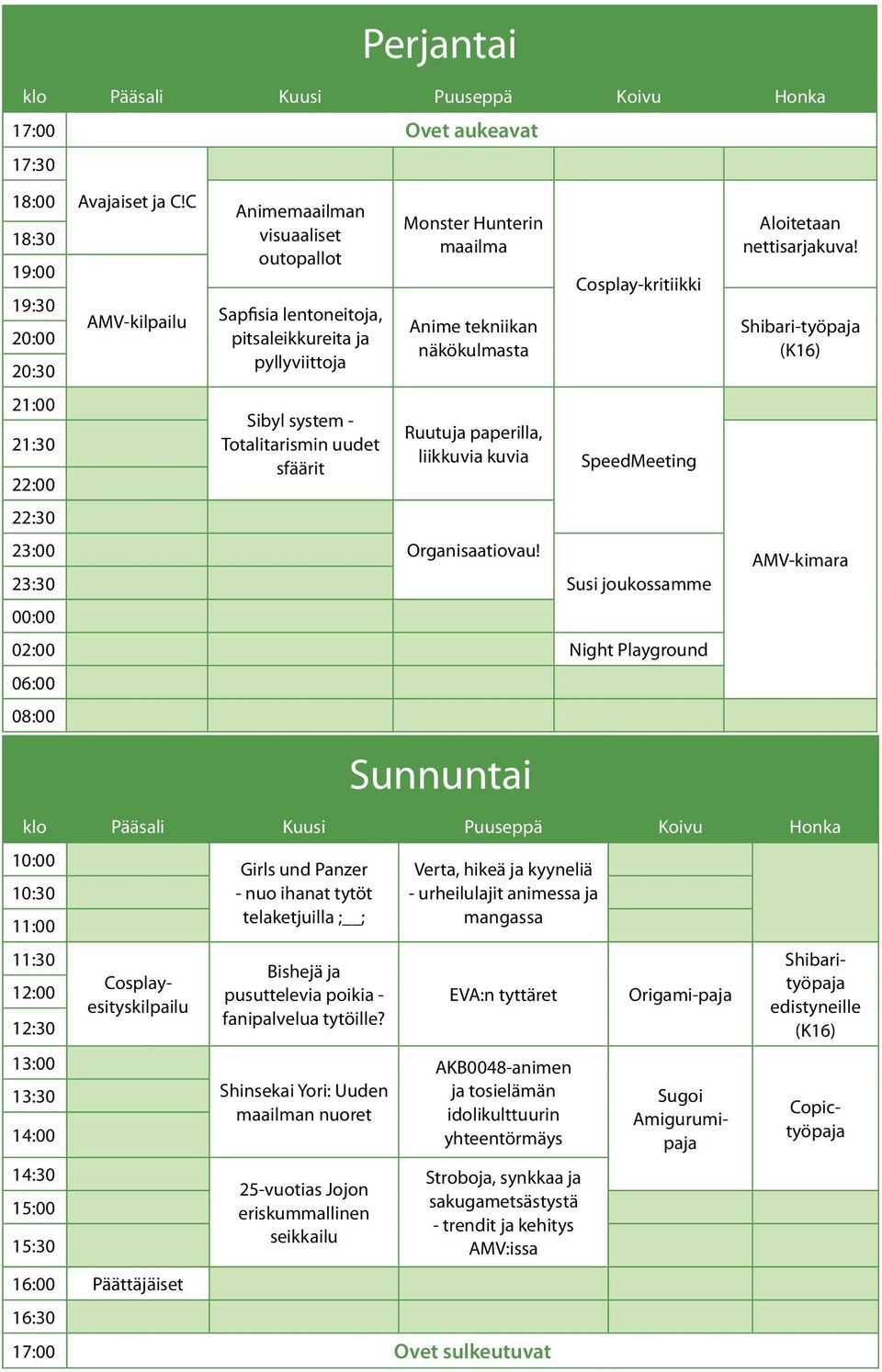 näkökulmasta Ruutuja paperilla, liikkuvia kuvia Cosplay-kritiikki 21:30 SpeedMeeting 22:00 22:30 23:00 Organisaatiovau!