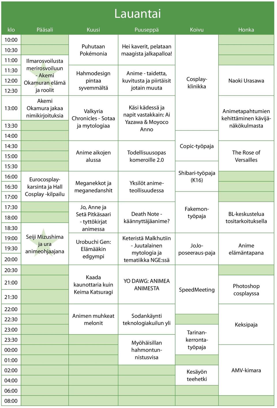 aikojen 15:00 alussa 15:30 16:00 Eurocosplaykarsinta ja Hall Meganekkot ja 16:30 meganedanshit 17:00 Cosplay -kilpailu 17:30 Jo, Anne ja Setä Pitkäsaari 18:00 - tyttökirjat 18:30 animessa 19:00