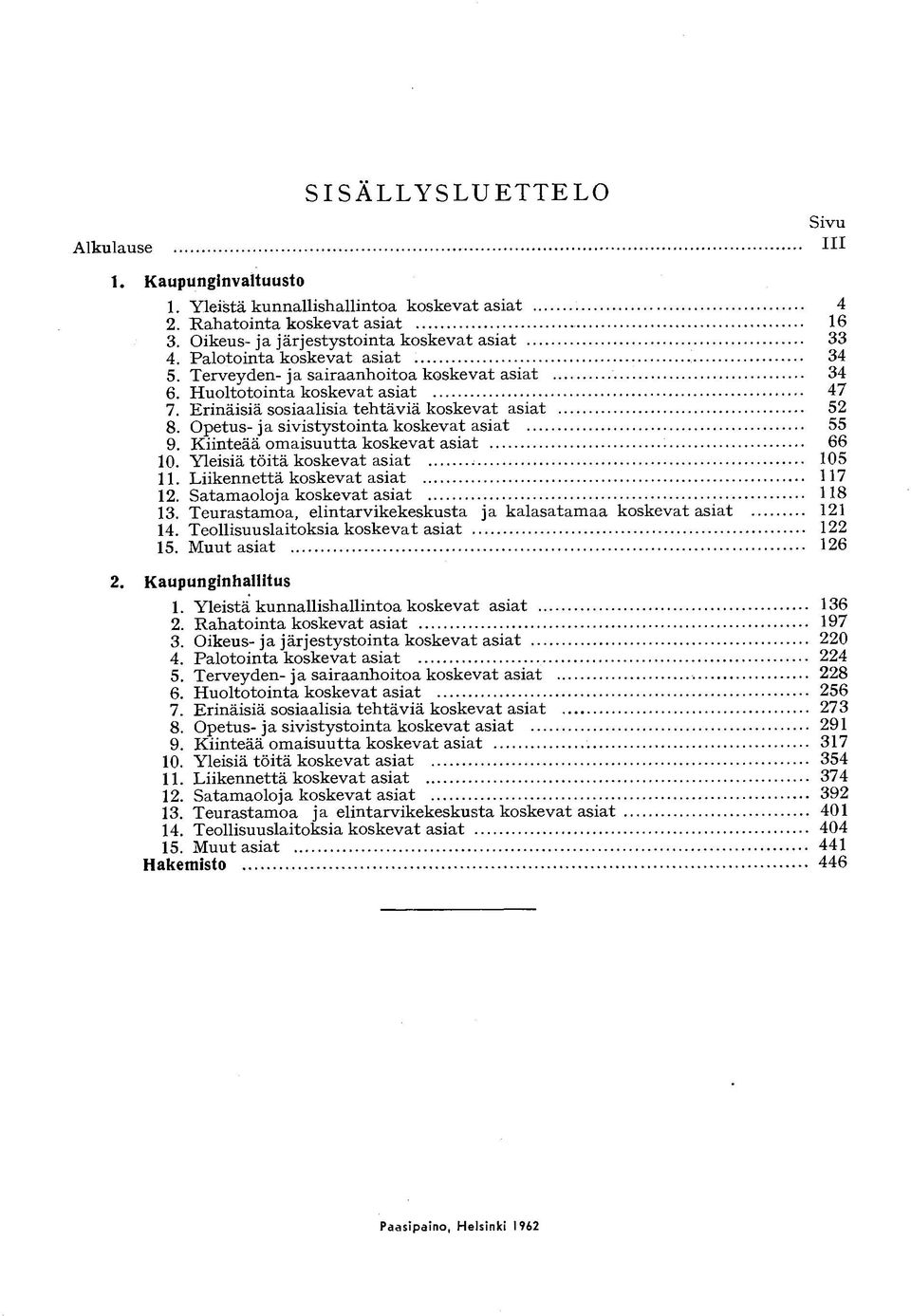 Kiinteää omaisuutta koskevat asiat 10. Yleisiä töitä koskevat asiat 11. Liikennettä koskevat asiat 12. Satamaoloja koskevat asiat 13. Teurastamoa, elintarvikekeskusta ja kalasatamaa koskevat asiat 14.