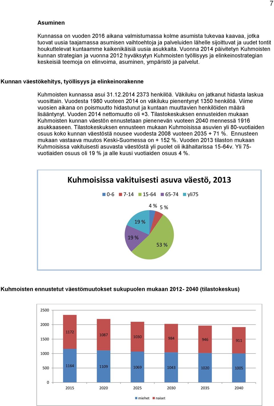 Vuonna 2014 päivitetyn Kuhmoisten kunnan strategian ja vuonna 2012 hyväksytyn Kuhmoisten työllisyys ja elinkeinostrategian keskeisiä teemoja on elinvoima, asuminen, ympäristö ja palvelut.