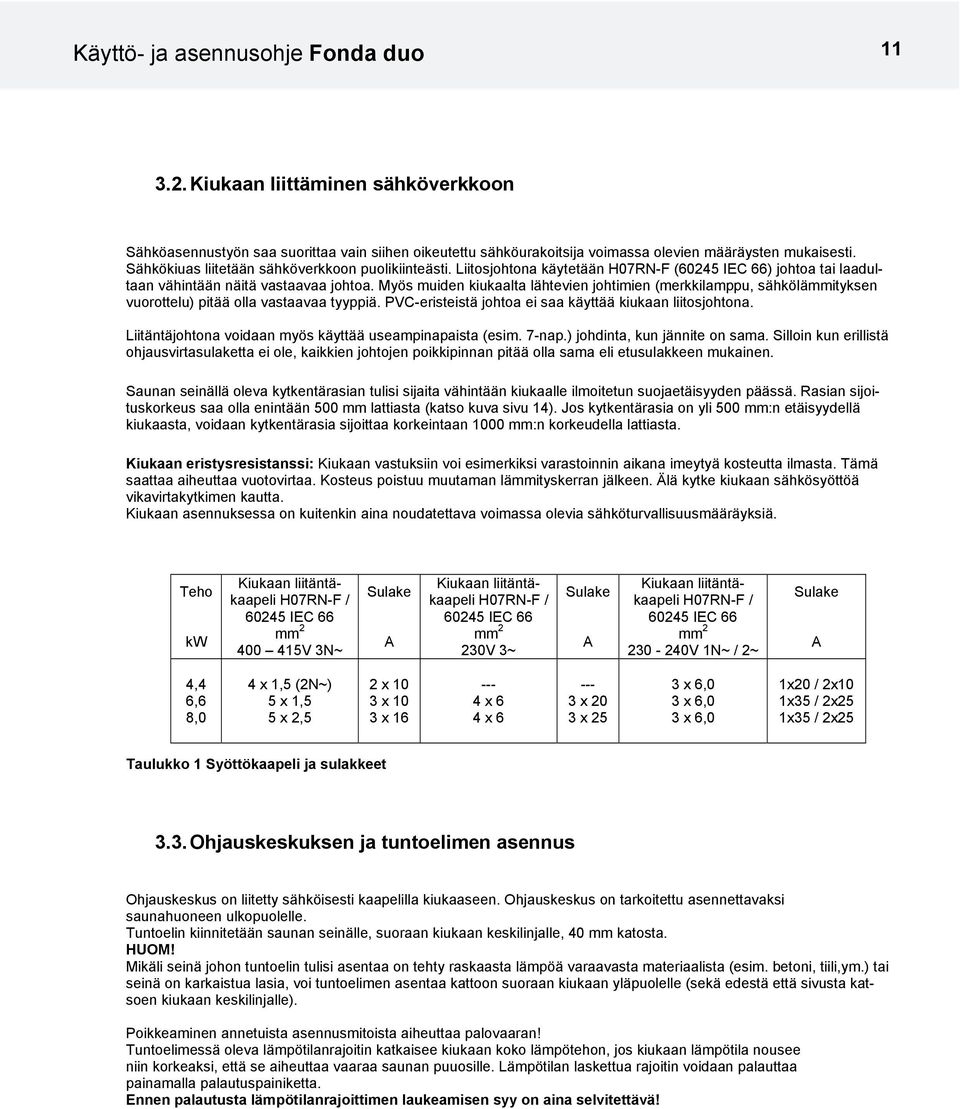 Myös muiden kiukaalta lähtevien johtimien (merkkilamppu, sähkölämmityksen vuorottelu) pitää olla vastaavaa tyyppiä. PVC-eristeistä johtoa ei saa käyttää kiukaan liitosjohtona.