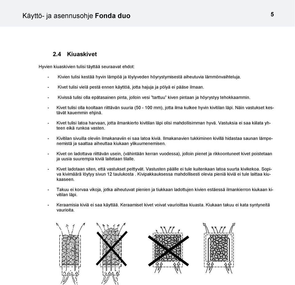 - Kivet tulisi olla kooltaan riittävän suuria (50-100 mm), jotta ilma kulkee hyvin kivitilan läpi. Näin vastukset kestävät kauemmin ehjinä.