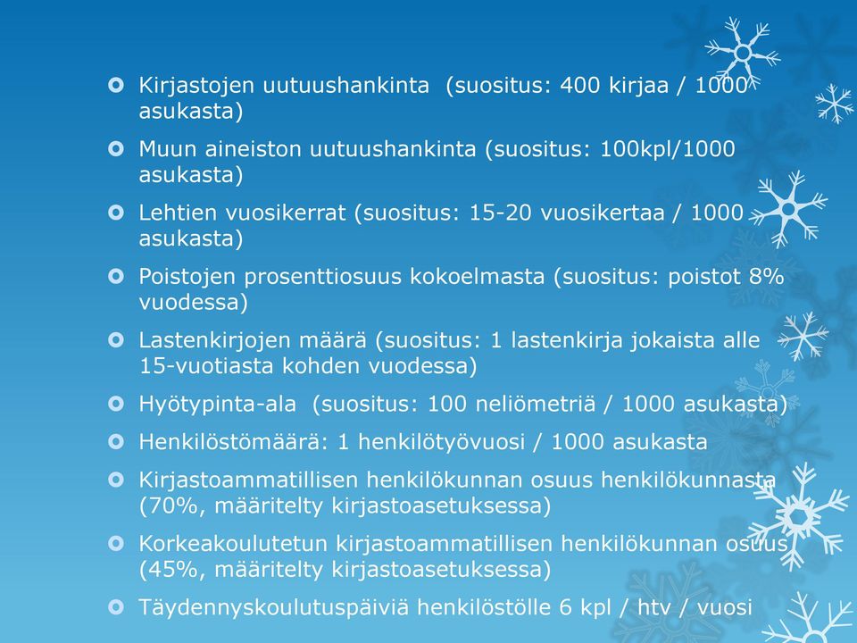 Hyötypinta-ala (suositus: 100 neliömetriä / 1000 asukasta) Henkilöstömäärä: 1 henkilötyövuosi / 1000 asukasta Kirjastoammatillisen henkilökunnan osuus henkilökunnasta (70%,