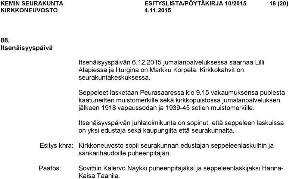 15 vakaumuksensa puolesta kaatuneitten muistomerkille sekä kirkkopuistossa jumalanpalveluksen jälkeen 1918 vapaussodan ja 1939-45 sotien muistomerkille.