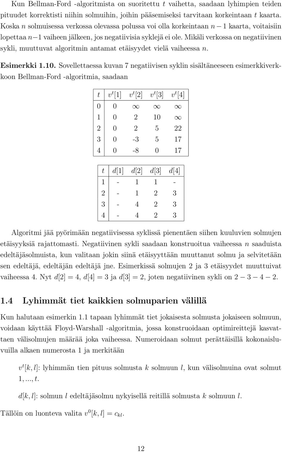 Mikäli verkossa on negatiivinen sykli, muuttuvat algoritmin antamat etäisyydet vielä vaiheessa n. Esimerkki 1.