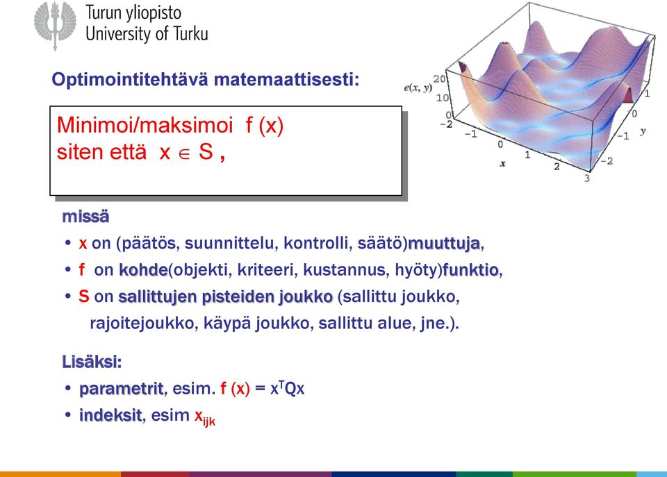 kustannus, hyöty)funktio, S on sallittujen pisteiden joukko (sallittu joukko,