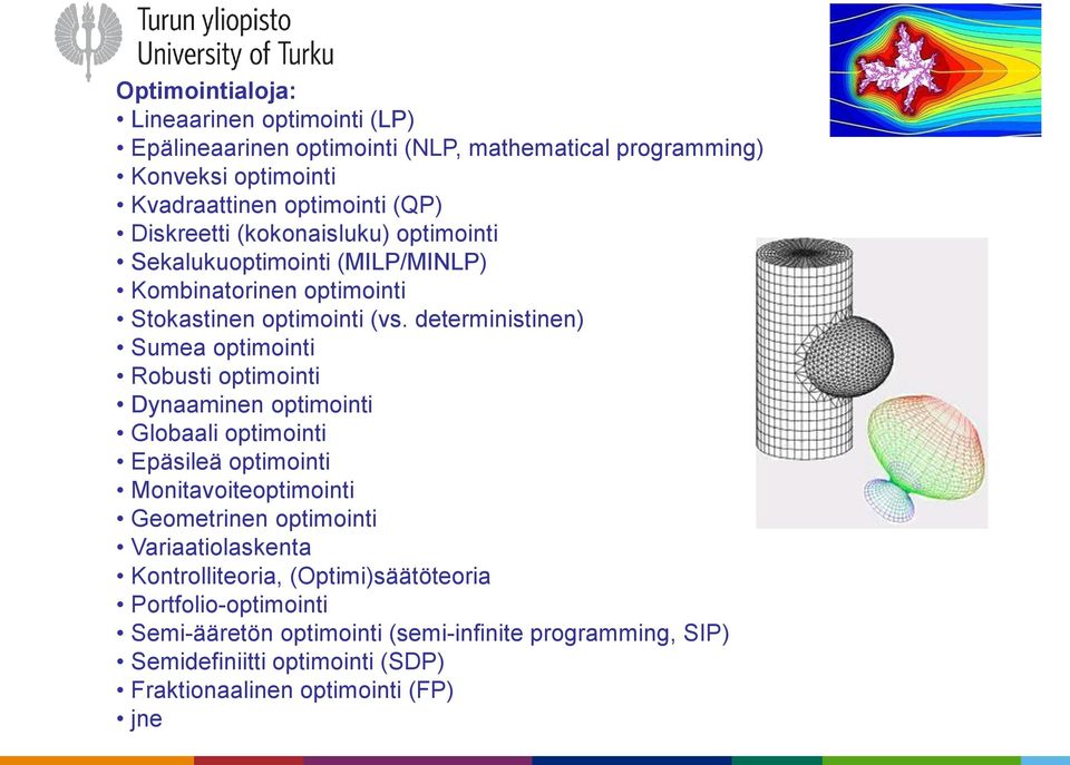 deterministinen) Sumea optimointi Robusti optimointi Dynaaminen optimointi Globaali optimointi Epäsileä optimointi Monitavoiteoptimointi Geometrinen