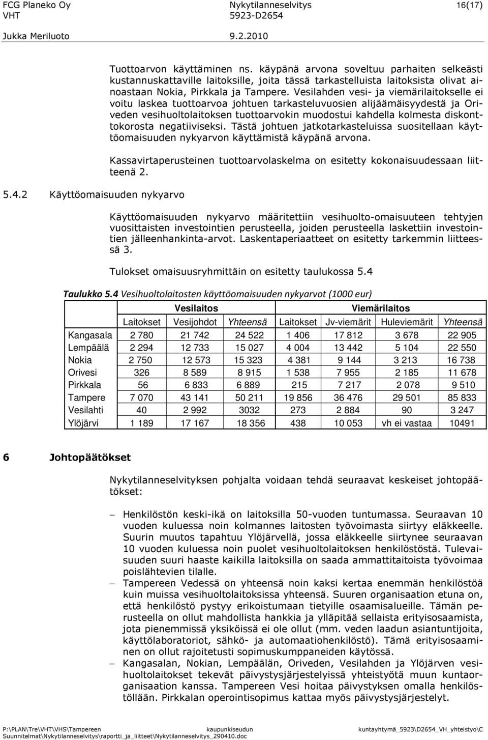 Vesilahden vesi- ja viemärilaitokselle ei voitu laskea tuottoarvoa johtuen tarkasteluvuosien alijäämäisyydestä ja Oriveden vesihuoltolaitoksen tuottoarvokin muodostui kahdella kolmesta