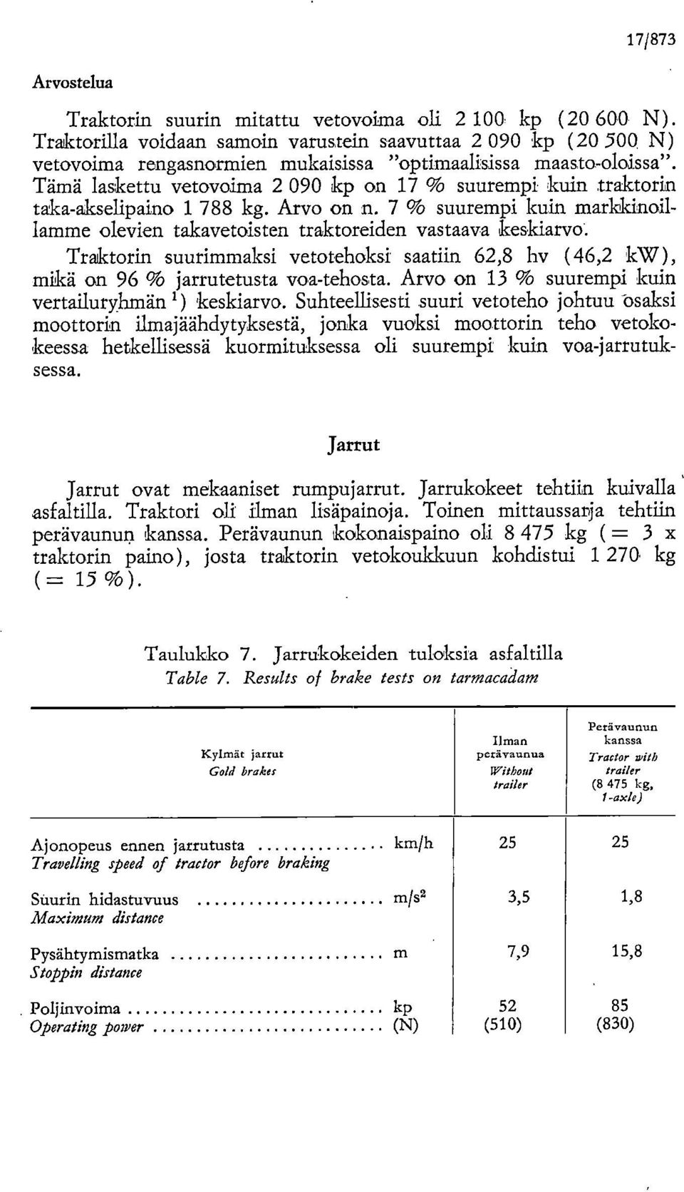 Tämä laskettu vetovoima 2 090 kp on 17 % suurempi kuin traktorin taka-akselipaino 1 788 kg. Arvo on n. 7 % suurempi kuin markkinoillamme olevien takavetoisten traktoreiden vastaava keskiarvo.